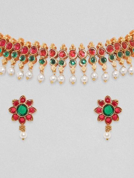 Red & Green Gold-Plated Pearl-Studded Beaded Jewellery Set