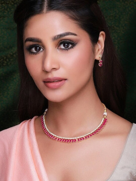 Gold-Toned & Pink CZ Stone-Studded Jewellery Set