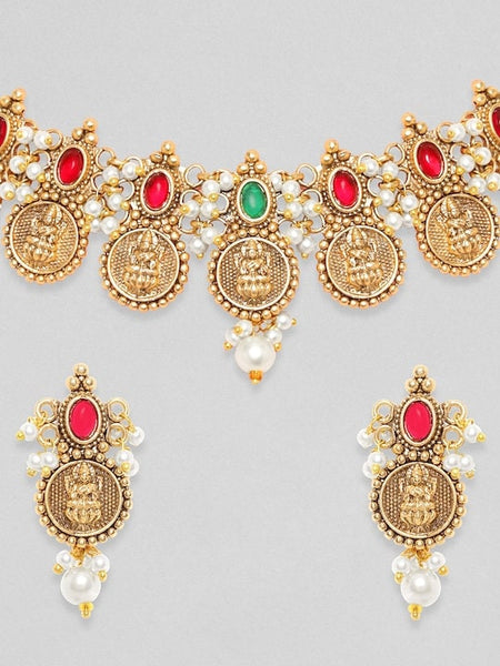 24K Gold-Plated Red & Green Stone-Studded Beaded Handcrafted Jewelry Set