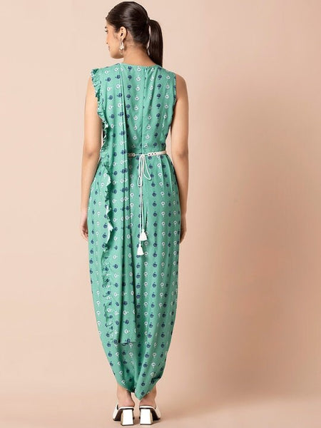 Designer Indian Sea Green Floral Boota Jumpsuit with Attached Dupatta, Indo Western Dress, Jumpsuits For Women, Fusion Wear For Women VitansEthnics