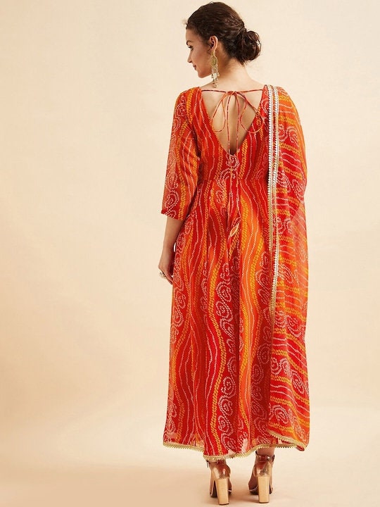 bandhani print maxi dress Bandhani Printed V-Neck Anarkali Ethnic Maxi Dress With Dupatta L