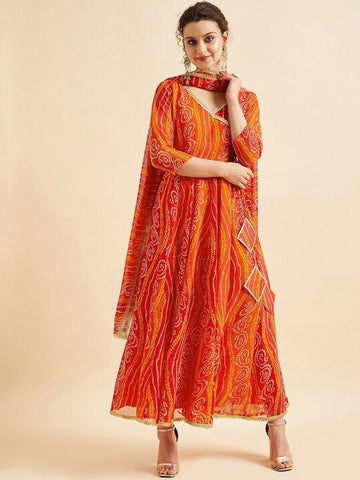 Bandhani Printed V-Neck Anarkali Ethnic Maxi Dress With Dupatta, Indo-Western Dress, Party Wear Indian Outfit, Anarkali, Wedding wear outfit VitansEthnics