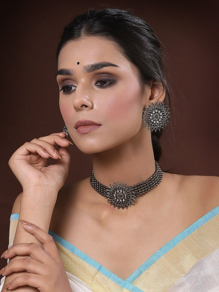 Metallic & White German Silver Kundan Handcrafted Oxidised Choker Necklace With Earrings Set