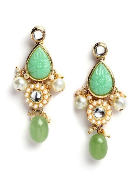 Gold-Plated Lime Green Stone & White Kundan Studded Jewelry Set For Women
