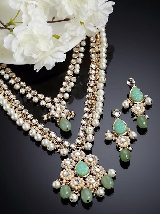 Gold-Plated Lime Green Stone & White Kundan Studded Jewelry Set For Women