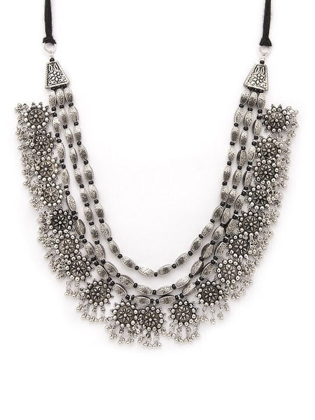 Silver Toned Oxidised Alloy Handcrafted Layered Necklace