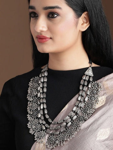 Silver Toned Oxidised Alloy Handcrafted Layered Necklace