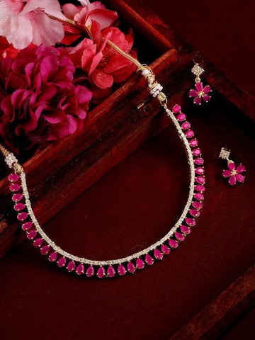 Gold-Toned & Pink CZ Stone-Studded Jewellery Set
