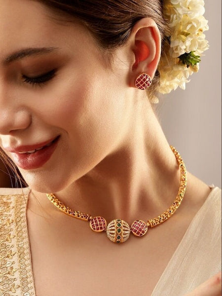 Gold-Plated American Diamond Intricate Choker Jewellery Set For Women