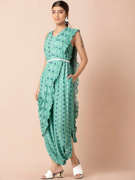 Designer Indian Sea Green Floral Boota Jumpsuit with Attached Dupatta, Indo Western Dress, Jumpsuits For Women, Fusion Wear For Women VitansEthnics