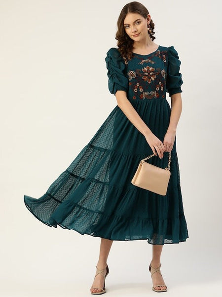 Teal Green & Brown Floral Dobby Woven Embroidered Maxi Tiered Dress, Indo Western Dress, Dresses For Women, Party Wear Indian Outfit VitansEthnics