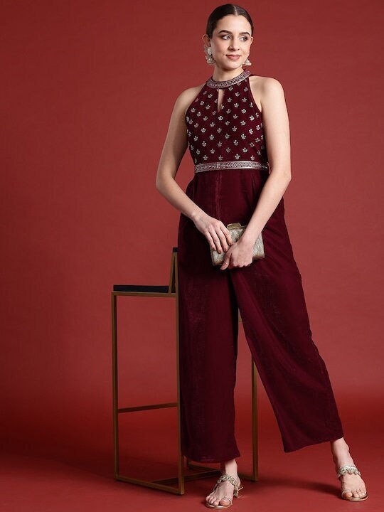 Designer Halter Neck Culotte Jumpsuit with Belt For Women, Indo Western Outfit, Indian Dress, Fusion Jumpsuit, Party Wear Indian Outfit VitansEthnics