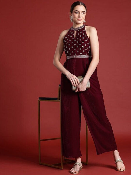 Designer Halter Neck Culotte Jumpsuit with Belt For Women, Indo Western Outfit, Indian Dress, Fusion Jumpsuit, Party Wear Indian Outfit VitansEthnics