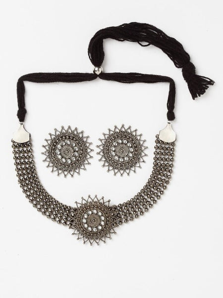 Metallic & White German Silver Kundan Handcrafted Oxidised Choker Necklace With Earrings Set