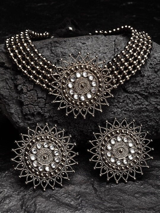Metallic & White German Silver Kundan Handcrafted Oxidised Choker Necklace With Earrings Set