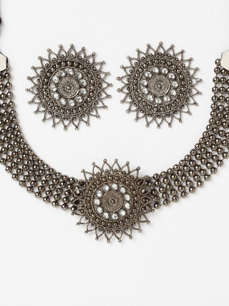 Metallic & White German Silver Kundan Handcrafted Oxidised Choker Necklace With Earrings Set