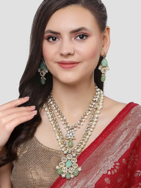 Gold-Plated Lime Green Stone & White Kundan Studded Jewelry Set For Women