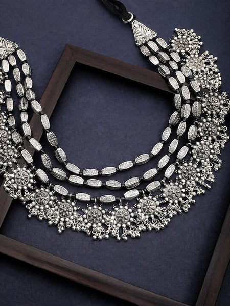 Silver Toned Oxidised Alloy Handcrafted Layered Necklace