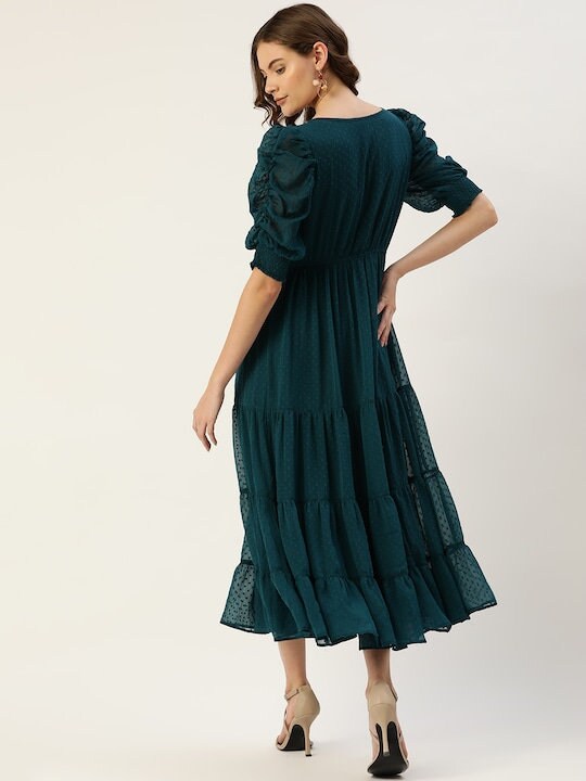 Teal Green & Brown Floral Dobby Woven Embroidered Maxi Tiered Dress Xs