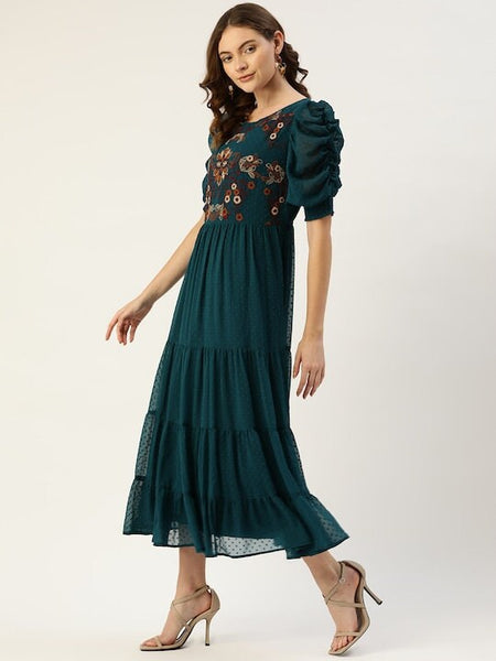 Teal Green & Brown Floral Dobby Woven Embroidered Maxi Tiered Dress, Indo Western Dress, Dresses For Women, Party Wear Indian Outfit VitansEthnics