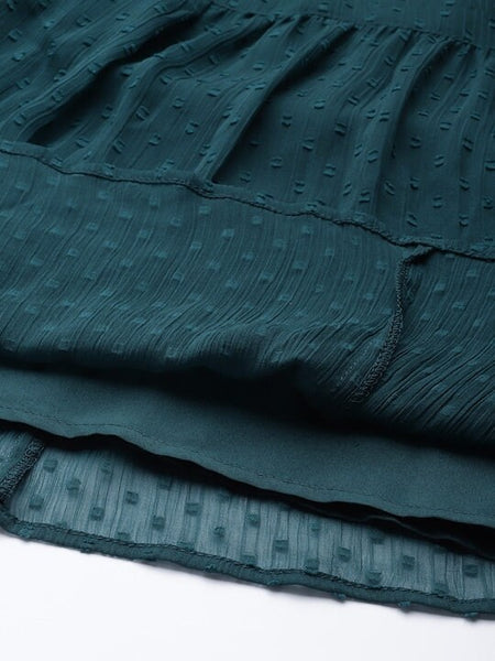 Teal Green & Brown Floral Dobby Woven Embroidered Maxi Tiered Dress, Indo Western Dress, Dresses For Women, Party Wear Indian Outfit VitansEthnics