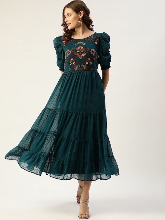 Teal Green & Brown Floral Dobby Woven Embroidered Maxi Tiered Dress, Indo Western Dress, Dresses For Women, Party Wear Indian Outfit VitansEthnics