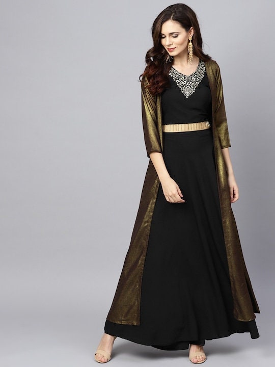 Women Black And Golden Solid Top with Skirt Ethnic Jacket VitansEthnics
