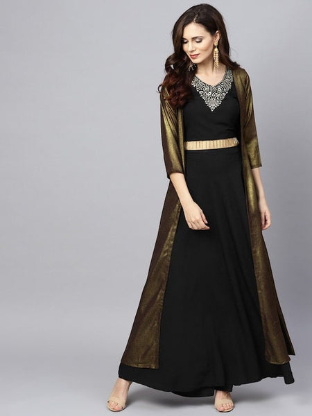 Women Black And Golden Solid Top with Skirt & Ethnic Jacket, Indo Western Ethnic Set for women, designer party wear Outfit, Wedding Wear Set VitansEthnics