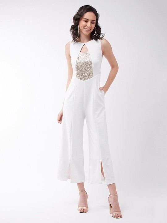 Charming White Solid Bling and Sparkly Jumpsuit For Women, Indo Western Dress, Party Wear Indian Dress, Jumpsuits, Fusion Wear For Women VitansEthnics