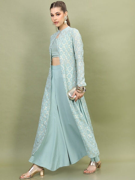 Women Embroidered Layered Top With Palazzo And Jacket, Indo Western Ethnic Set, designer Rayon party wear suit set, Wedding Wear outfits VitansEthnics