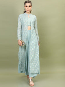 Women Embroidered Layered Top With Palazzo And Jacket, Indo Western Ethnic Set, designer Rayon party wear suit set, Wedding Wear outfits VitansEthnics