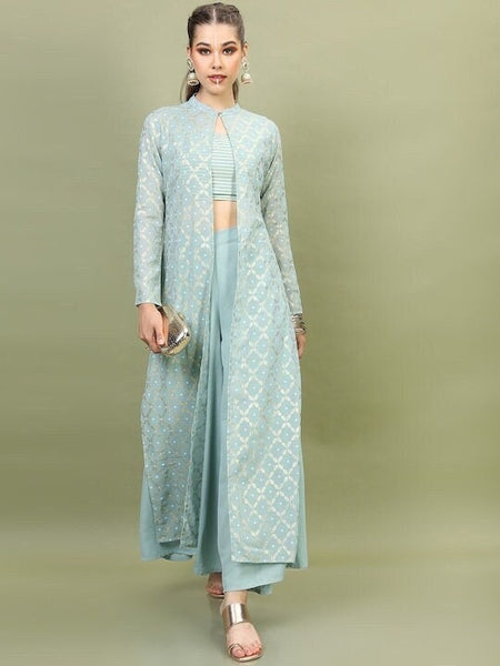 Women Embroidered Layered Top With Palazzo And Jacket, Indo Western Ethnic Set, designer Rayon party wear suit set, Wedding Wear outfits VitansEthnics