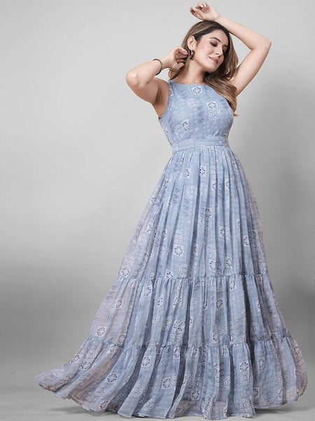 Printed Georgette Maxi Ethnic Gown With Belt, Indo Western Ethnic Set for women, Designer Indian Wedding wear outfit, Wedding Guest Outfit VitansEthnics