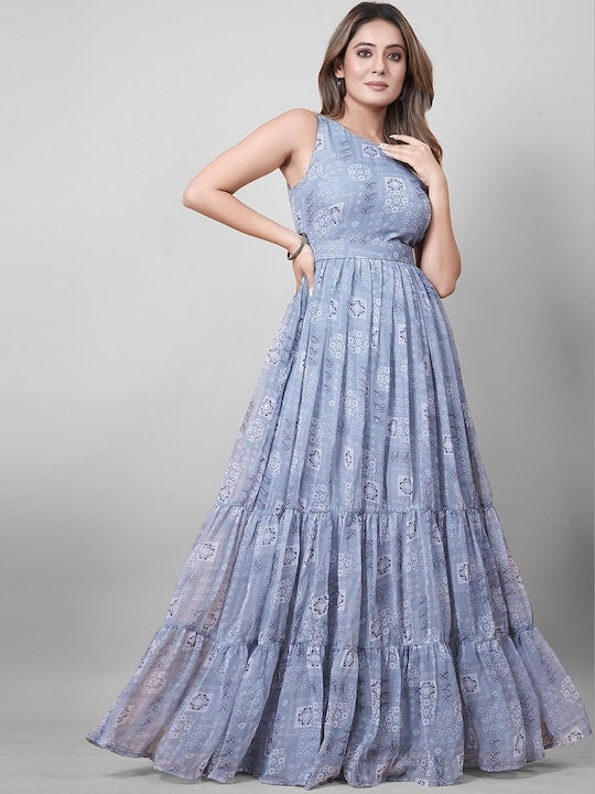 Printed Georgette Maxi Ethnic Gown With Belt L