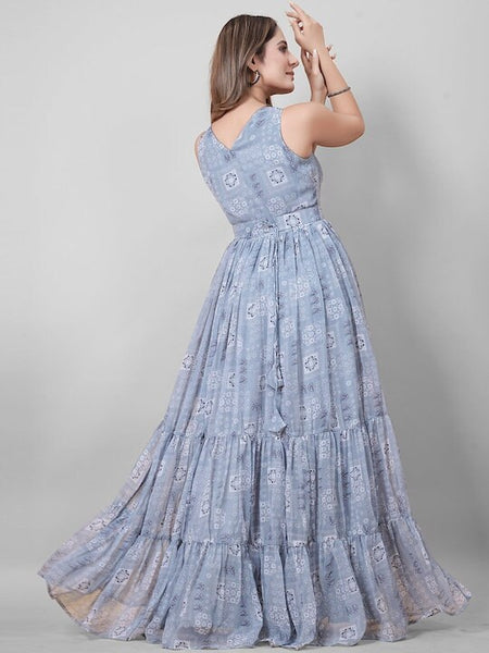 Printed Georgette Maxi Ethnic Gown With Belt, Indo Western Ethnic Set for women, Designer Indian Wedding wear outfit, Wedding Guest Outfit VitansEthnics