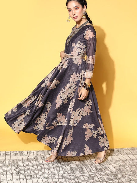 Women Stylish Blue Floral Gown for Days, Indo Western Ethnic Set for women, Designer Indian Wedding wear outfit, Wedding Guest Outfit VitansEthnics