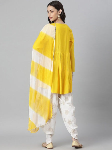 Women Yellow Ethnic Motifs Yoke Design Pleated Kurti with Dhoti Pants & With Dupatta, Dhoti Suit For Women, Indo Western Dress, Indian Dress VitansEthnics