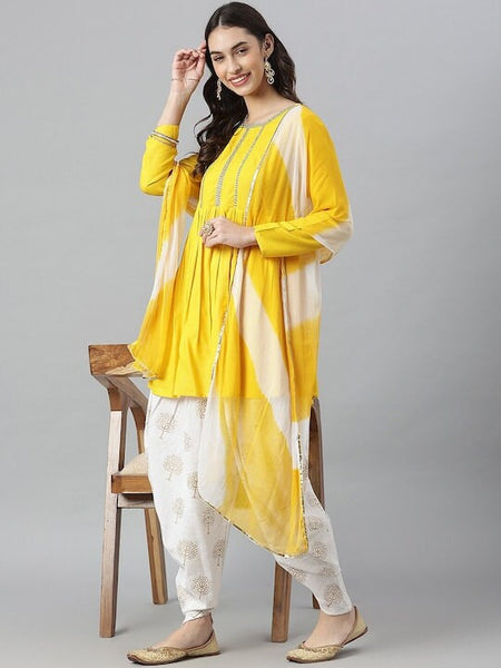 Women Yellow Ethnic Motifs Yoke Design Pleated Kurti with Dhoti Pants & With Dupatta, Dhoti Suit For Women, Indo Western Dress, Indian Dress VitansEthnics