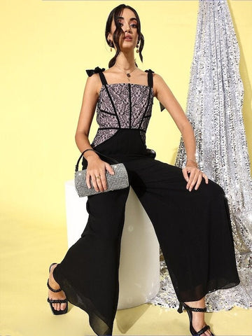 Classic Black Self-Design Joyful jumpsuit For Women, Indo Western Dress, Party Wear Indian Dress, Jumpsuits, Fusion Wear, Wedding Wear VitansEthnics