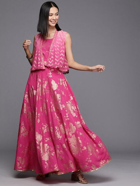 Women Elegant Pink Printed Top with Skirt And Jacket, Indo Western Ethnic Set for women, Crop top with Skirt and shrug Set, Fusion Outfit VitansEthnics
