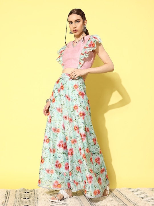 Designer Indian Crop Top With Skirt Set