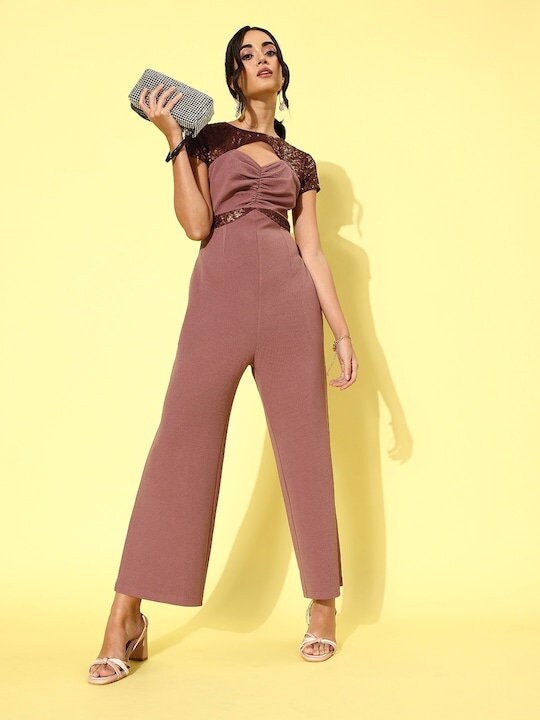 Mauve & Burgundy Jumpsuit with Embellished Detail For Women, Indo Western Dress, Party Wear Indian Dress, Jumpsuits, Fusion Wear outfit VitansEthnics
