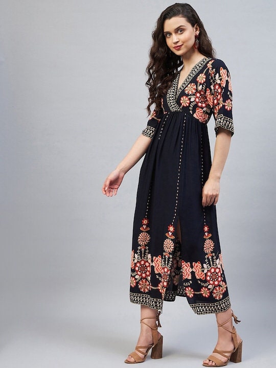 knee length dresses for ladies Designer Indian Navy Blue Ethnic Motifs A-Line Midi Dress,Indian Dress XL
