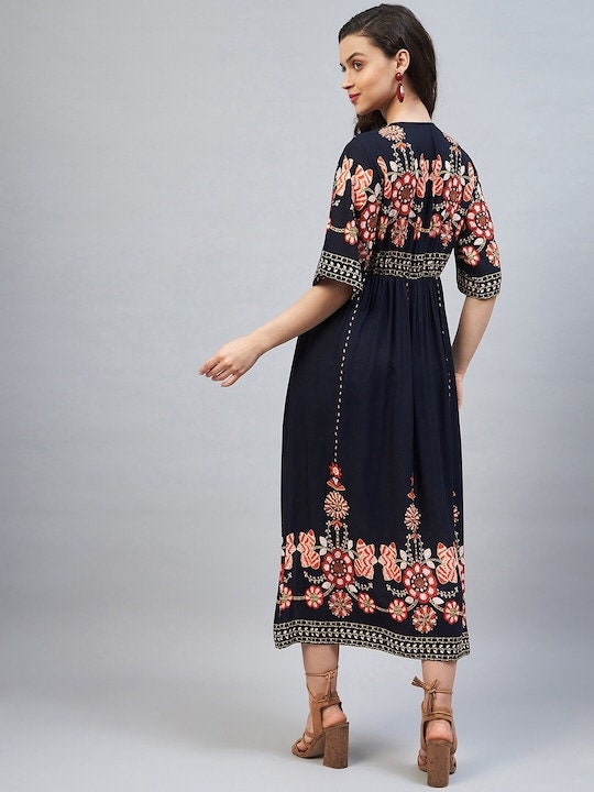 indian navy blue dress Designer Indian Navy Blue Ethnic Motifs A-Line Midi Dress,Indian Dress XL