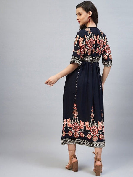 Designer Indian Navy Blue Ethnic Motifs A-Line Midi Dress,Indian Dress, IndoWestern Dress, Party Indo Western Outfit For Women, Fusion Dress VitansEthnics