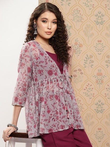 Women Solid Shoulder Straps Crop Top & Trousers with Floral Print Shrug, Wedding Outfits, Ethnic Wear, Co-ords sets, Indo Western outfit VitansEthnics