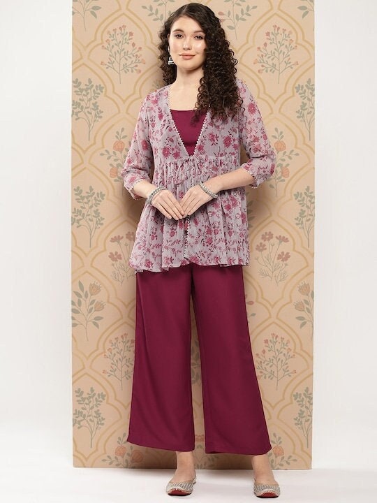 Women Solid Shoulder Straps Crop Top & Trousers with Floral Print Shrug, Wedding Outfits, Ethnic Wear, Co-ords sets, Indo Western outfit VitansEthnics