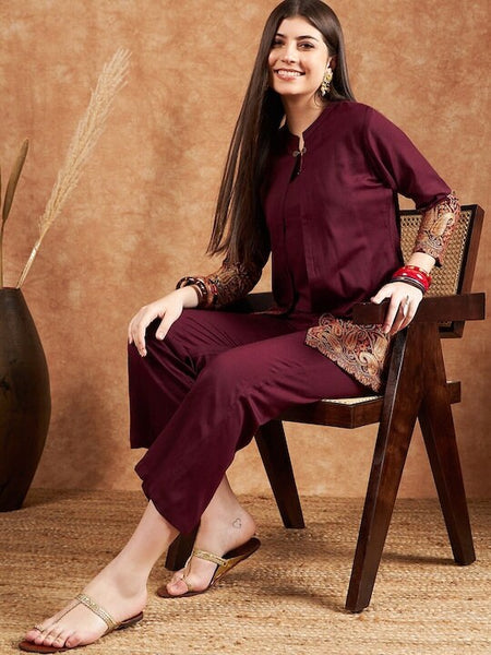 Maroon Shoulder Straps Top & Trouser With Jacket Pashmina Co-ord Set, Indo Western Ethnic Set for women, designer Wedding Wear set VitansEthnics
