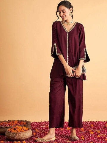Burgundy Embroidered Top With Trousers Set, Indo Western Ethnic Set for women, designer Wedding Wear set, Indian Coord set for women VitansEthnics