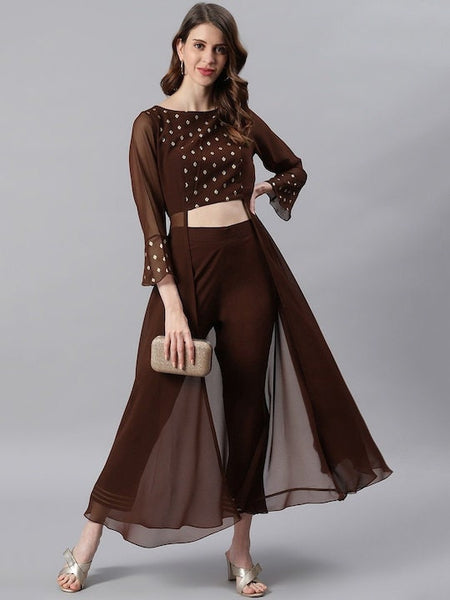 Women Crop Top with Palazzo And Shrug Set, Indo Western Ethnic Set for women, Printed Crop top with palazzo and Jacket Set, Fusion Outfit VitansEthnics